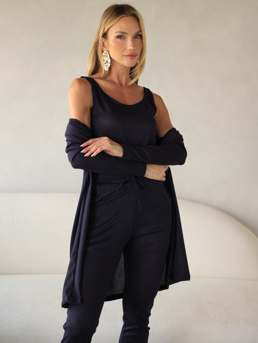 Conjunto 3 Peças Lanzinha Calça Slim e Kimono Alongado e Regata Básica Confortável Giselle