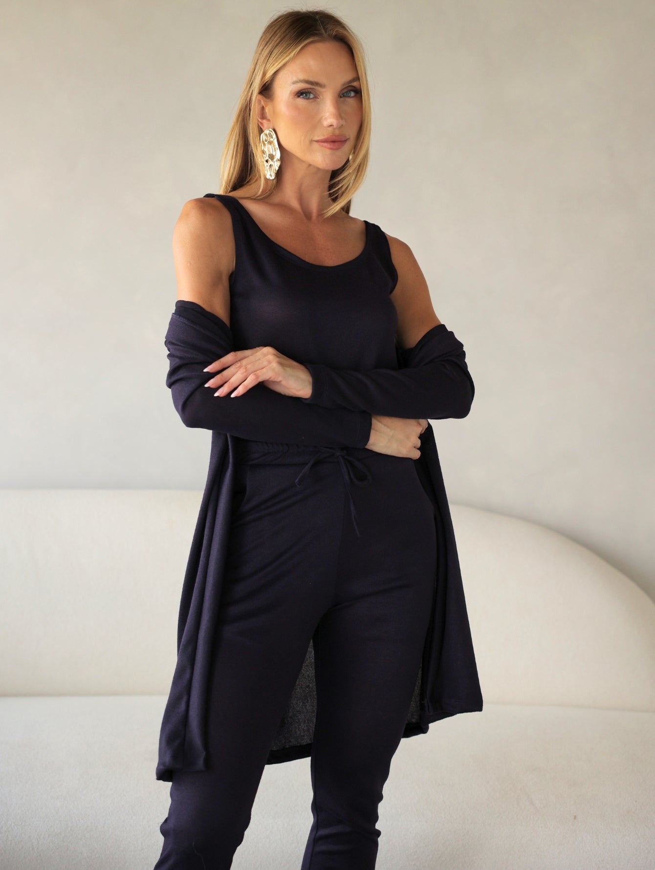 Conjunto 3 Peças Lanzinha Calça Slim e Kimono Alongado e Regata Básica Confortável Giselle
