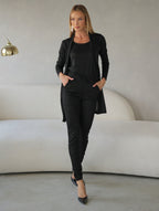 Conjunto 3 Peças Lanzinha Calça Slim e Kimono Alongado e Regata Básica Confortável Giselle