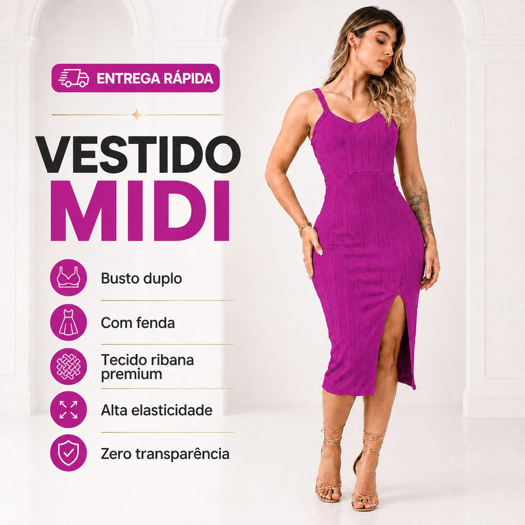 Vestido Midi de Alça em Ribana com Fenda Lateral
Vestido Midi de Alça em Ribana
Vestido Midi com Fenda Lateral
Vestido Midi