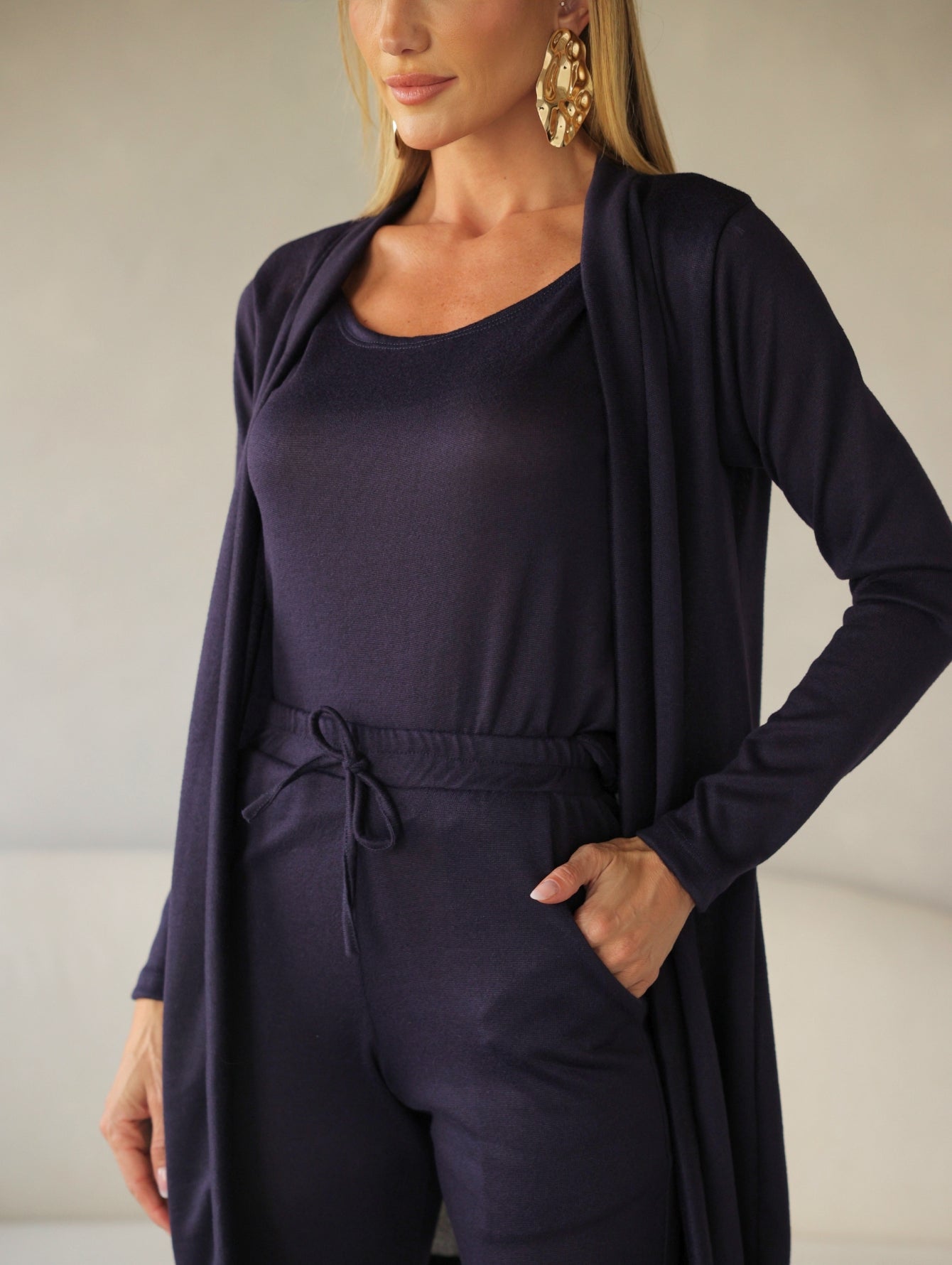 Conjunto 3 Peças Lanzinha Calça Slim e Kimono Alongado e Regata Básica Confortável Giselle