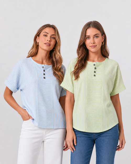(Compre 1 Leve 2) Blusa Euddora™ Com Listras Delicadas e Botões Frontais
