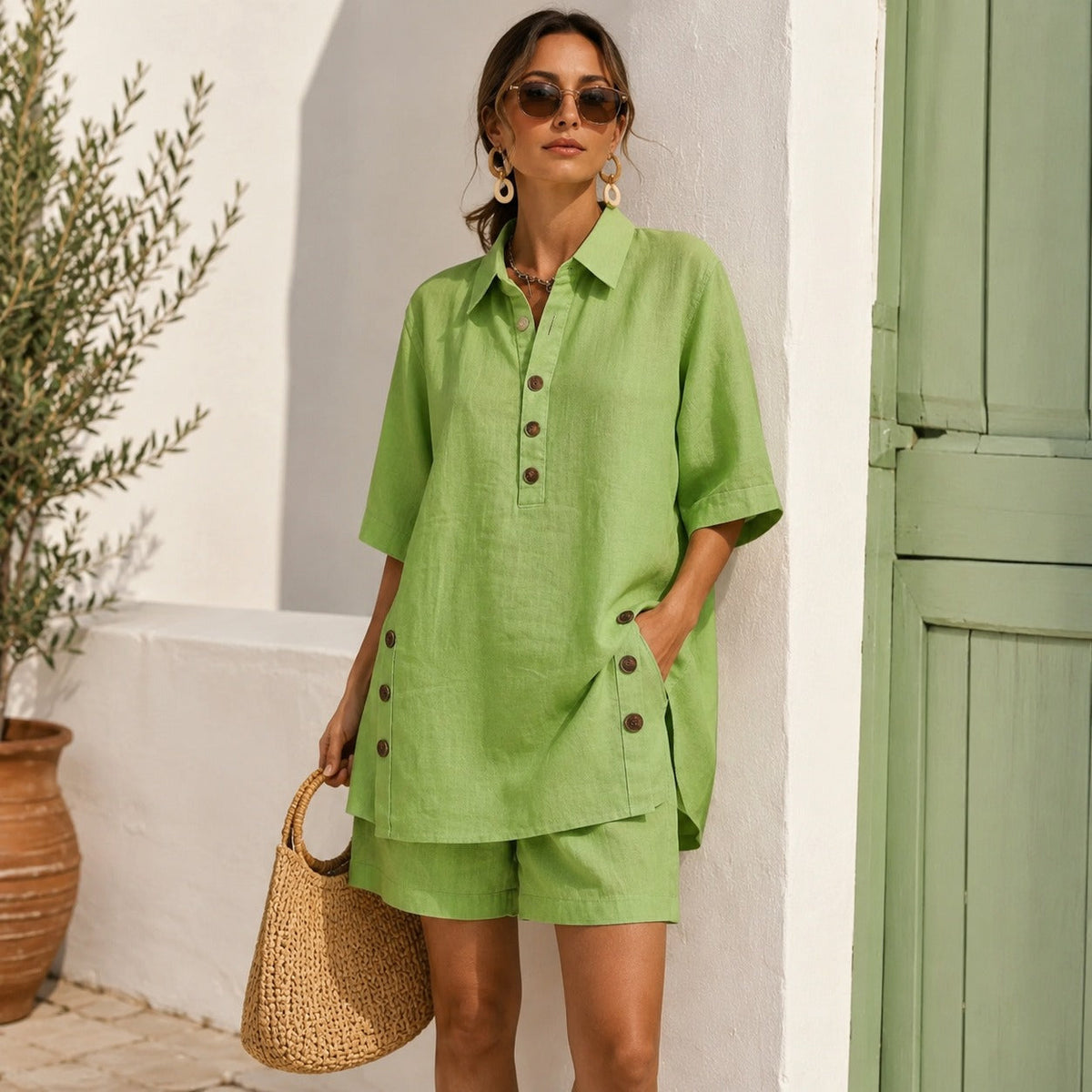Conjunto Velena em Linho de Algodão com Gola Camisaria e Detalhe de Botões Laterais
Conjunto Velena em Linho de Algodão
Conjunto Velena